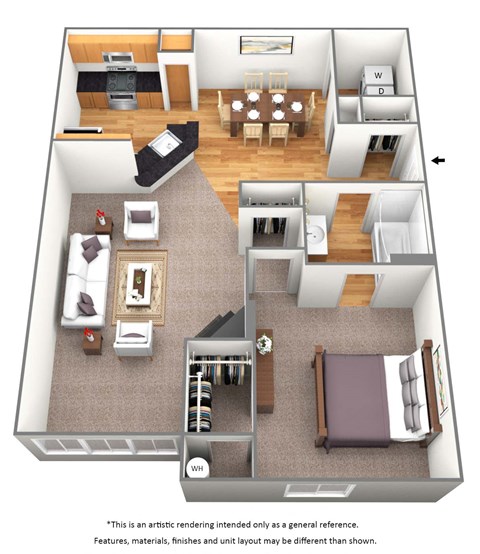 1 Bedroom A 2 Bath Floor Plan at Malvern Lakes, Fredericksburg, Virginia